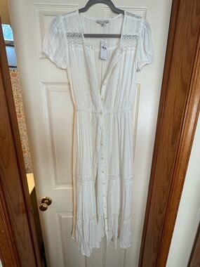 American Eagle NWT White Button-Front Maxi Dress with Lace Trim